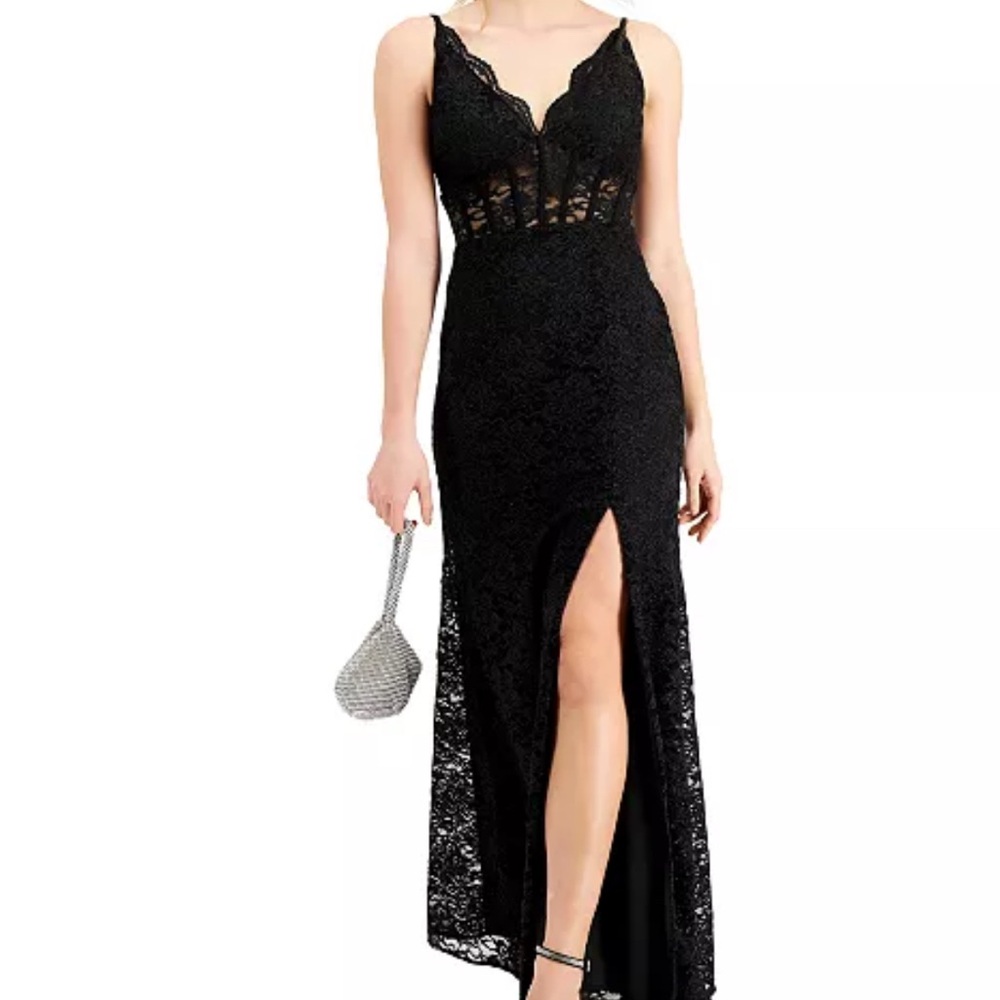 NWT Morgan & Co black lace floor length dress with a see thru bodice & high slit